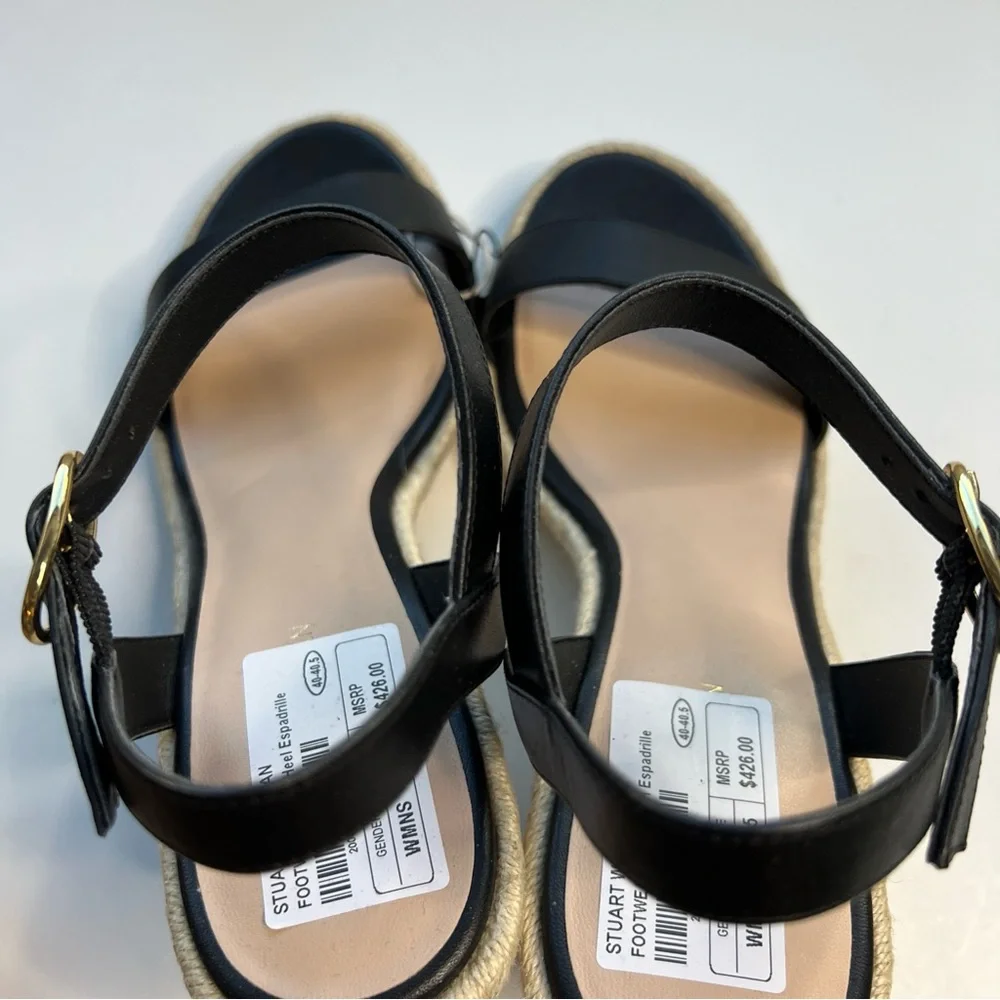 Stuart Weitzman Teddi Wedge Heel Leather Espadrille Sandals Womens 9.5 Black New